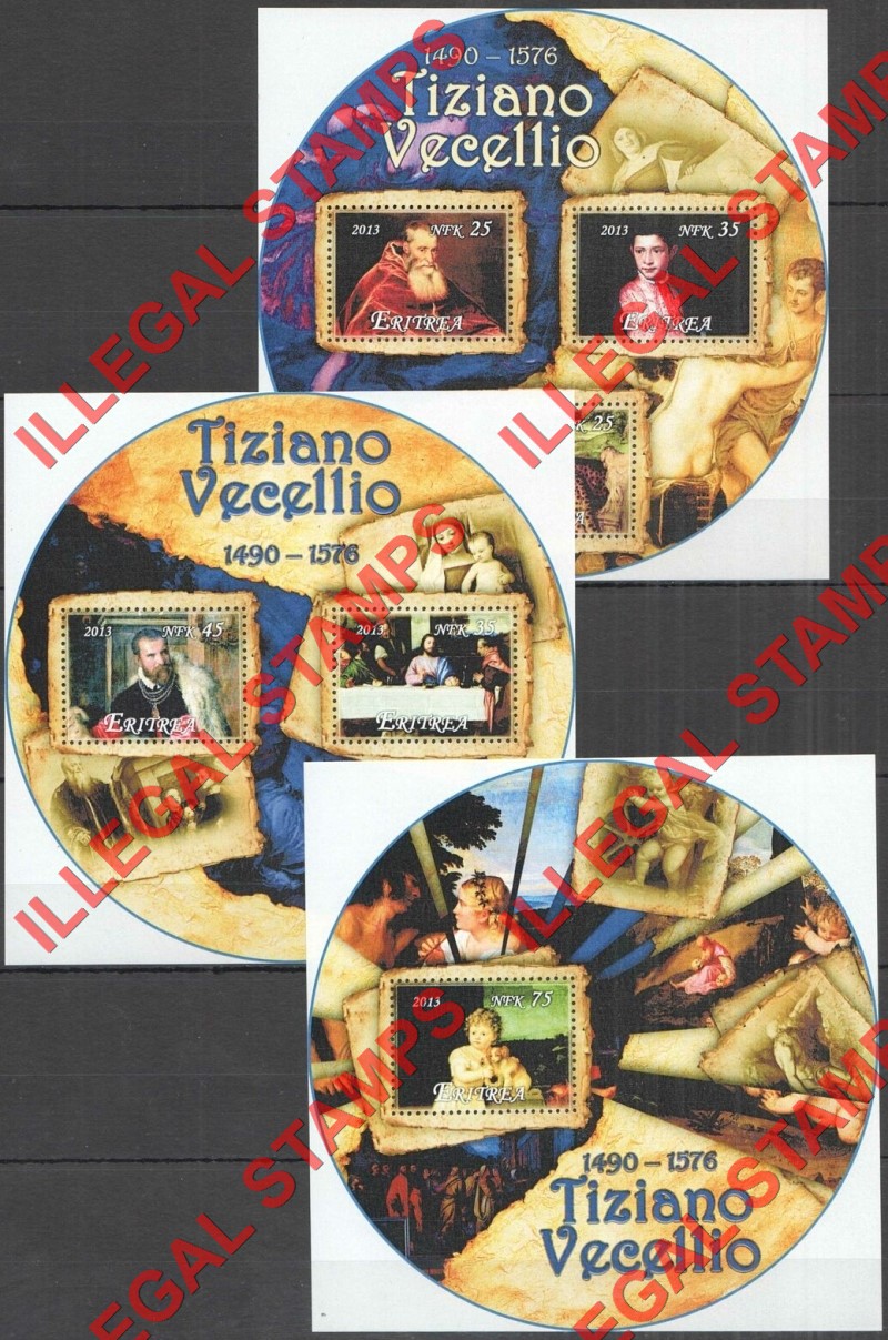 Eritrea 2013 Paintings by Titian Tiziano Vecellio Counterfeit Illegal Stamp Souvenir Sheets of 3, 2 and 1