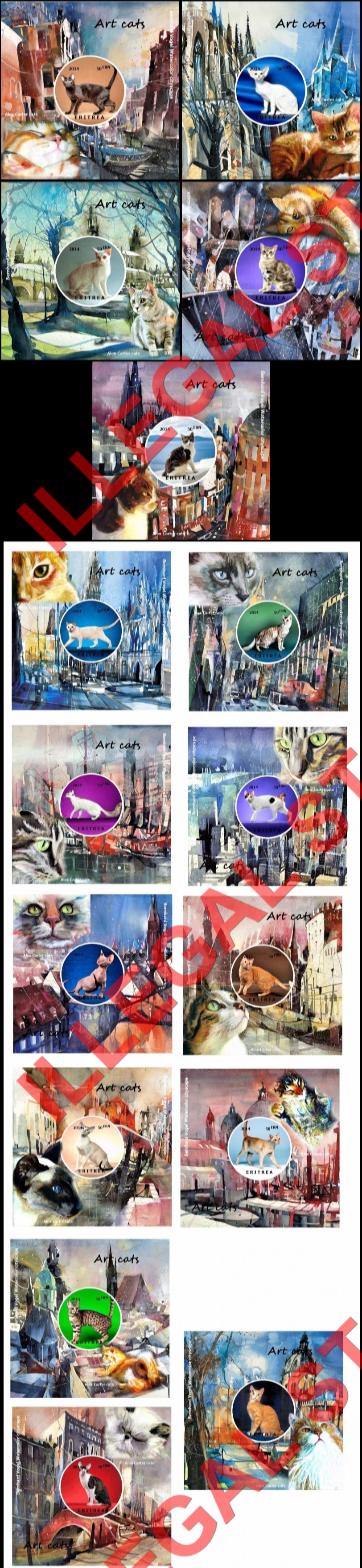 Eritrea 2014 Cats Paintings Counterfeit Illegal Stamp Souvenir Sheets of 1