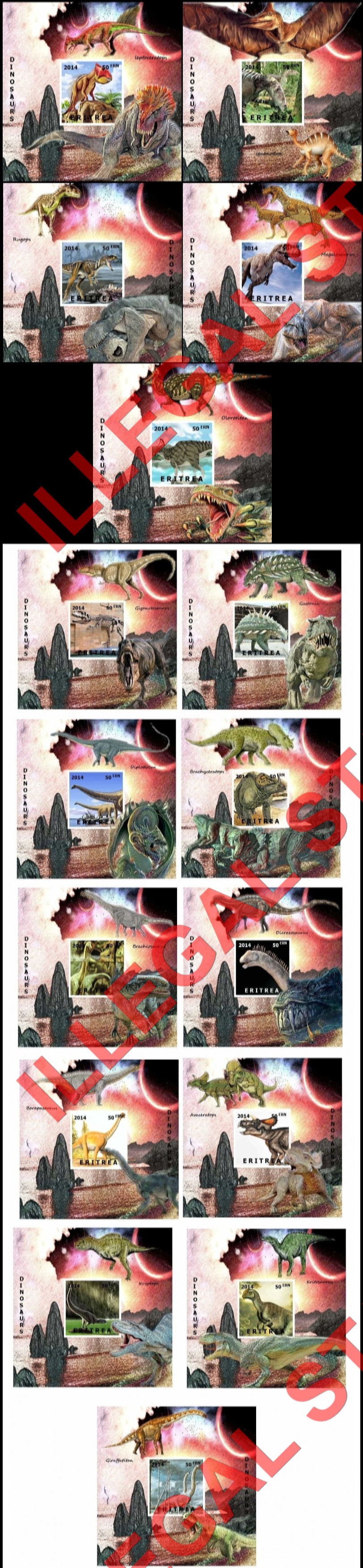 Eritrea 2014 Dinosaurs Counterfeit Illegal Stamp Souvenir Sheets of 1