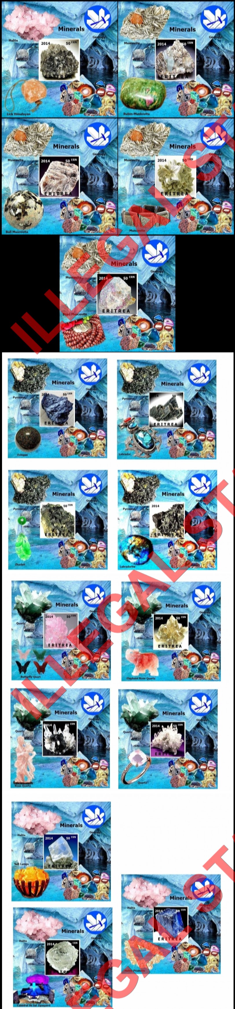 Eritrea 2014 Minerals Counterfeit Illegal Stamp Souvenir Sheets of 1