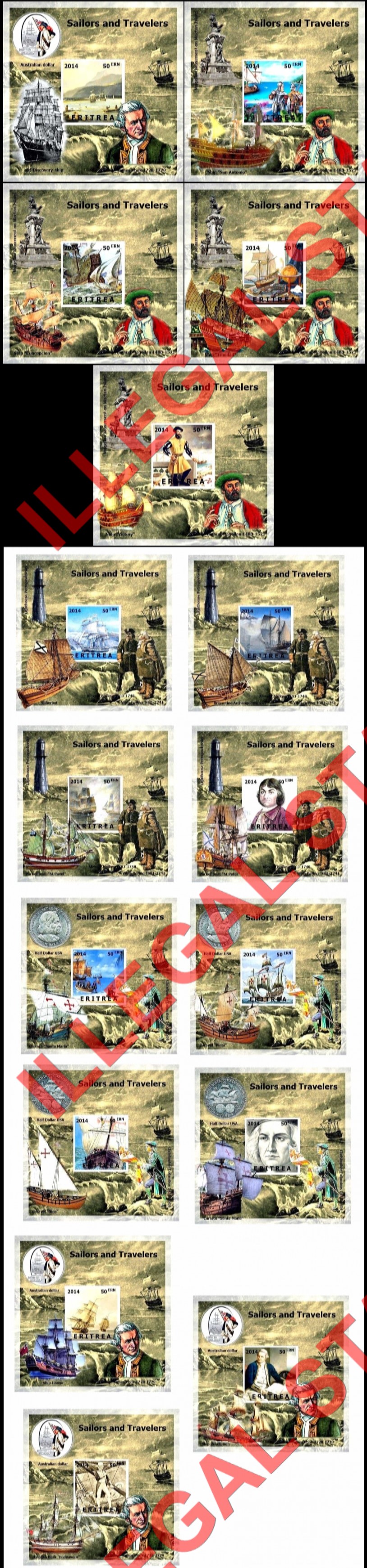 Eritrea 2014 Sailors and Travelers Counterfeit Illegal Stamp Souvenir Sheets of 1
