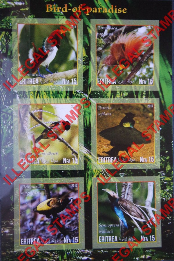 Eritrea 2017 Birds of Paradise Counterfeit Illegal Stamp Souvenir Sheet of 6 (Sheet 1)