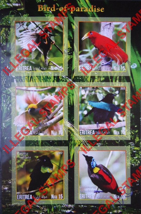 Eritrea 2017 Birds of Paradise Counterfeit Illegal Stamp Souvenir Sheet of 6 (Sheet 2)