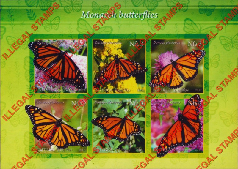 Eritrea 2017 Butterflies Monarch Counterfeit Illegal Stamp Souvenir Sheet of 6