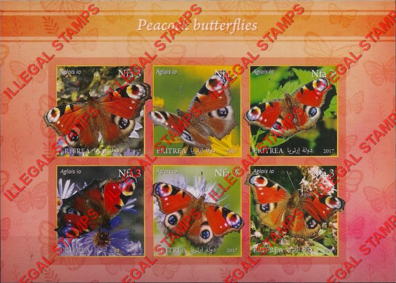 Eritrea 2017 Butterflies Peacock Counterfeit Illegal Stamp Souvenir Sheet of 6