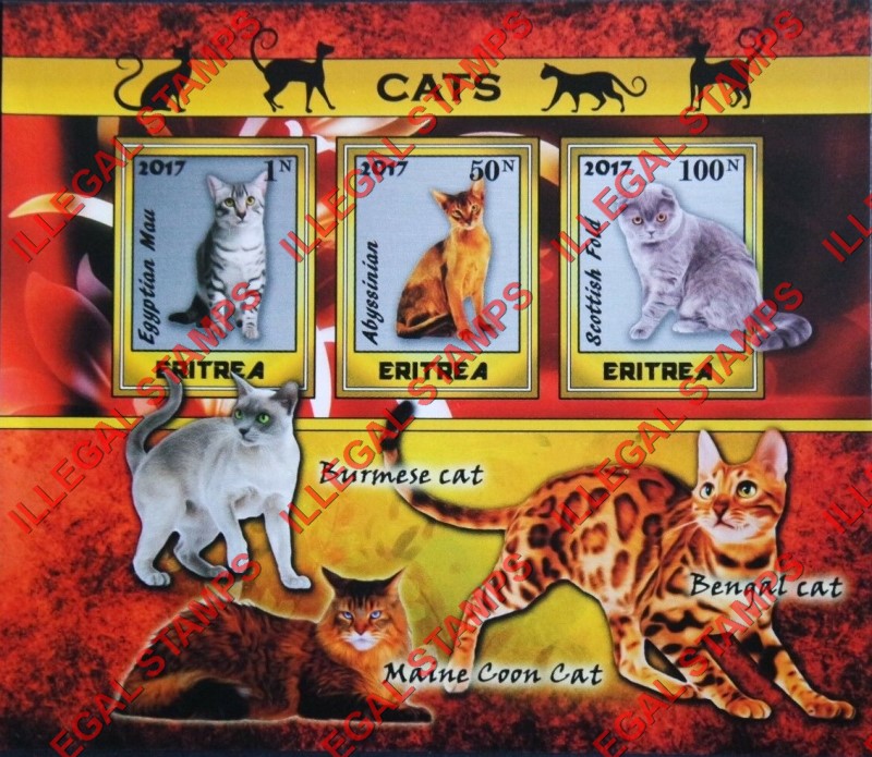 Eritrea 2017 Cats Counterfeit Illegal Stamp Souvenir Sheet of 3