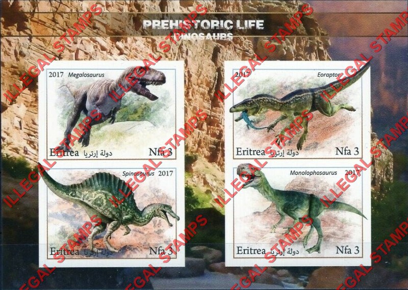 Eritrea 2017 Dinosaurs Prehistoric Life Counterfeit Illegal Stamp Souvenir Sheet of 4 (Sheet 1)