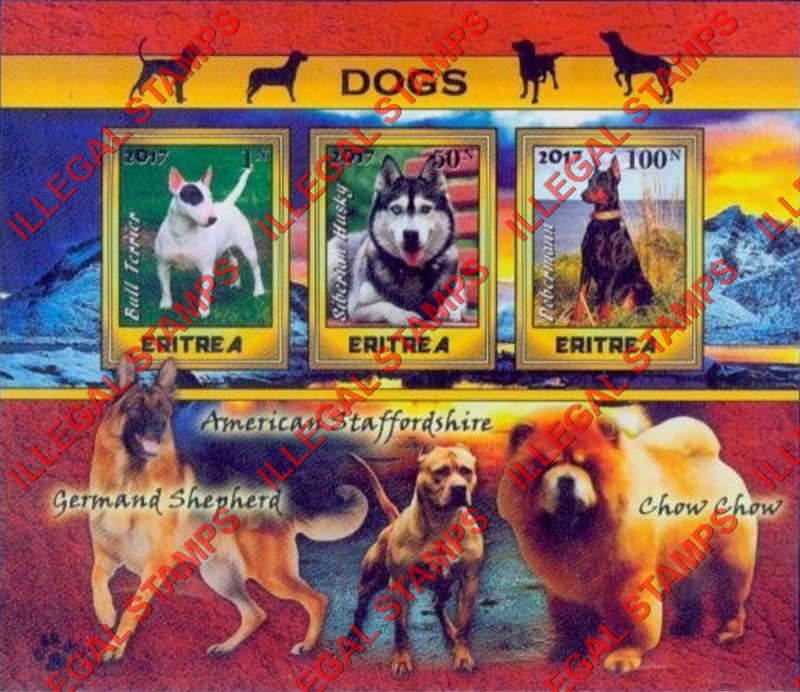 Eritrea 2017 Dogs Counterfeit Illegal Stamp Souvenir Sheet of 3
