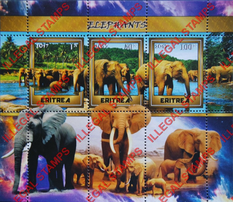 Eritrea 2017 Elephants Counterfeit Illegal Stamp Souvenir Sheet of 3