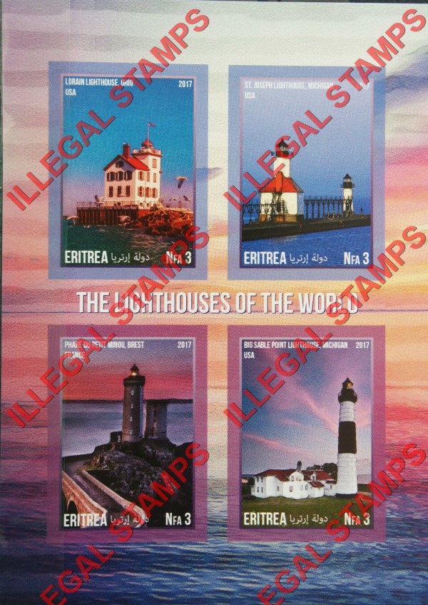 Eritrea 2017 Lighthouses Counterfeit Illegal Stamp Souvenir Sheet of 4 (Sheet 1)