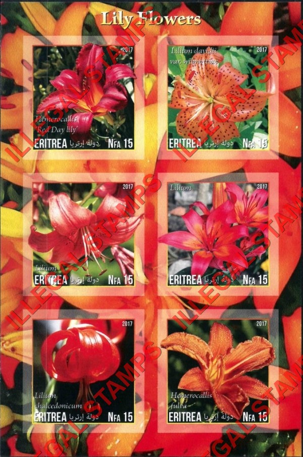 Eritrea 2017 Lily Flowers Counterfeit Illegal Stamp Souvenir Sheet of 6 (Sheet 2)