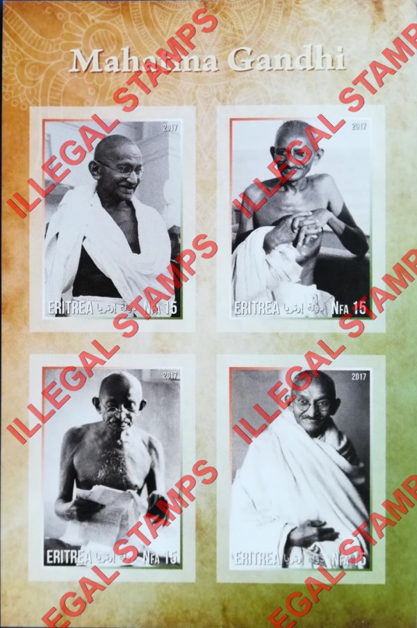 Eritrea 2017 Mahatma Gandhi Counterfeit Illegal Stamp Souvenir Sheet of 4
