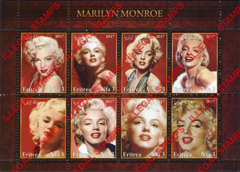 Eritrea 2017 Marilyn Monroe Counterfeit Illegal Stamp Souvenir Sheet of 8