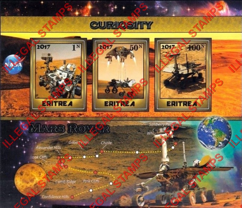 Eritrea 2017 Mars Rover Curiosity Counterfeit Illegal Stamp Souvenir Sheet of 3