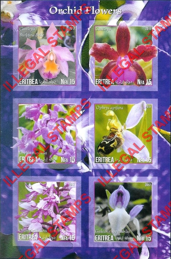 Eritrea 2017 Orchid Flowers Counterfeit Illegal Stamp Souvenir Sheet of 6 (Sheet 1)