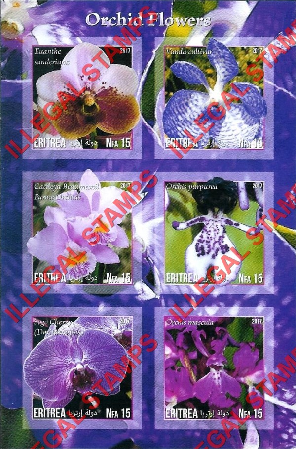 Eritrea 2017 Orchid Flowers Counterfeit Illegal Stamp Souvenir Sheet of 6 (Sheet 2)