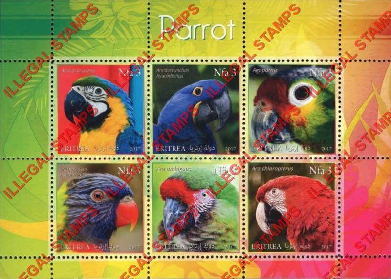 Eritrea 2017 Parrots Counterfeit Illegal Stamp Souvenir Sheet of 6 (Sheet 1)