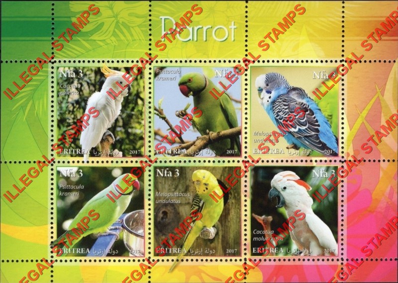 Eritrea 2017 Parrots Counterfeit Illegal Stamp Souvenir Sheet of 6 (Sheet 2)