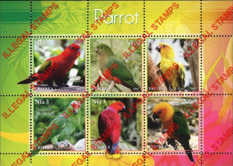 Eritrea 2017 Parrots Counterfeit Illegal Stamp Souvenir Sheet of 6 (Sheet 3)