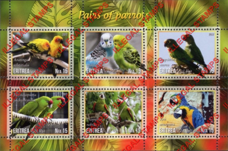 Eritrea 2017 Parrots Counterfeit Illegal Stamp Souvenir Sheet of 6 (Sheet 4)