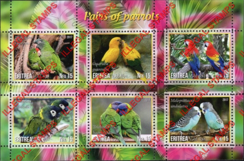 Eritrea 2017 Parrots Counterfeit Illegal Stamp Souvenir Sheet of 6 (Sheet 5)
