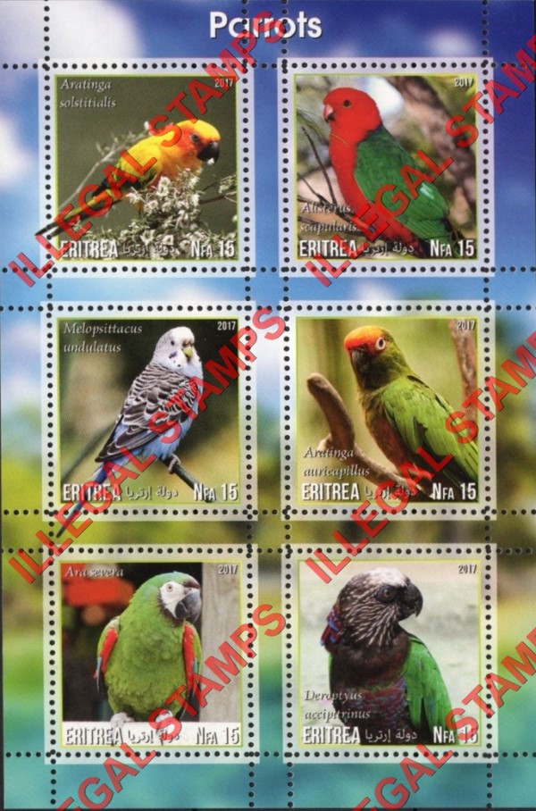 Eritrea 2017 Parrots Counterfeit Illegal Stamp Souvenir Sheet of 6 (Sheet 6)