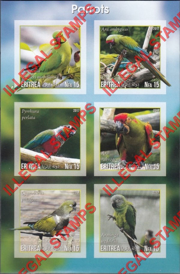 Eritrea 2017 Parrots Counterfeit Illegal Stamp Souvenir Sheet of 6 (Sheet 7)