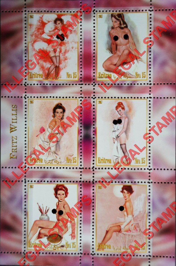 Eritrea 2017 Pin Up Art by Fritz Willis Counterfeit Illegal Stamp Souvenir Sheet of 6 (Sheet 1)
