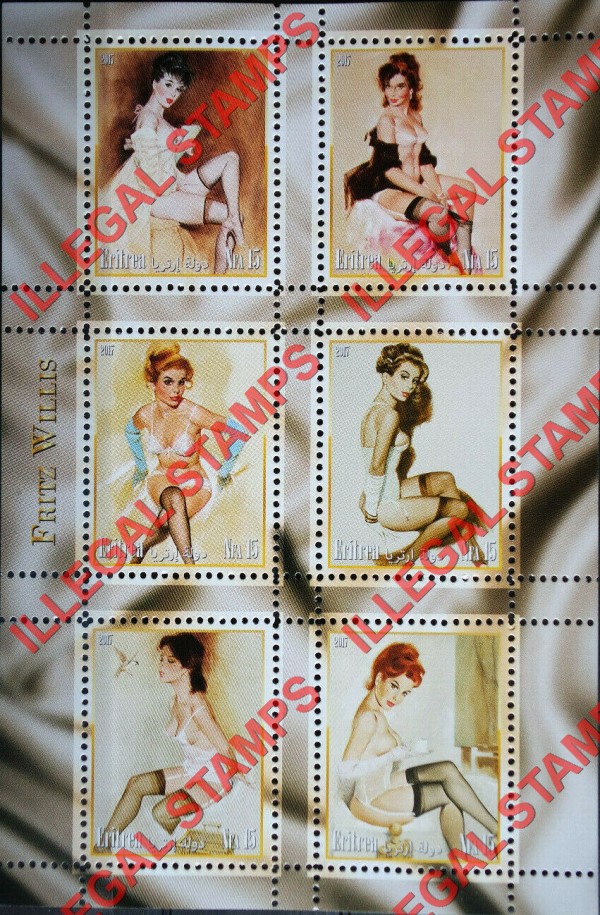 Eritrea 2017 Pin Up Art by Fritz Willis Counterfeit Illegal Stamp Souvenir Sheet of 6 (Sheet 2)