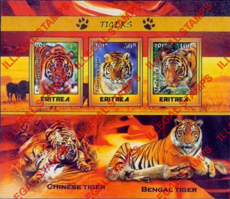 Eritrea 2017 Tigers Counterfeit Illegal Stamp Souvenir Sheet of 3