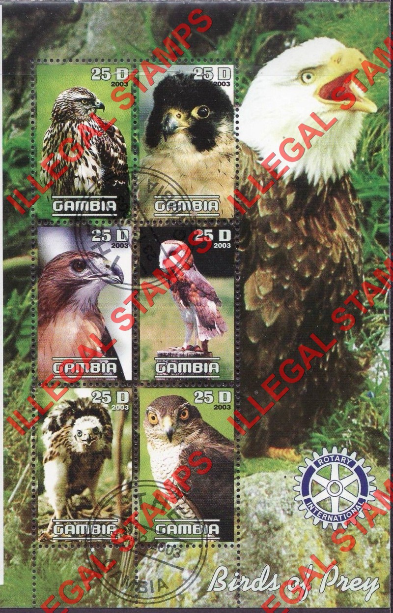Gambia 2003 Birds of Prey with Rotary Logo Illegal Stamp Souvenir Sheet of 6