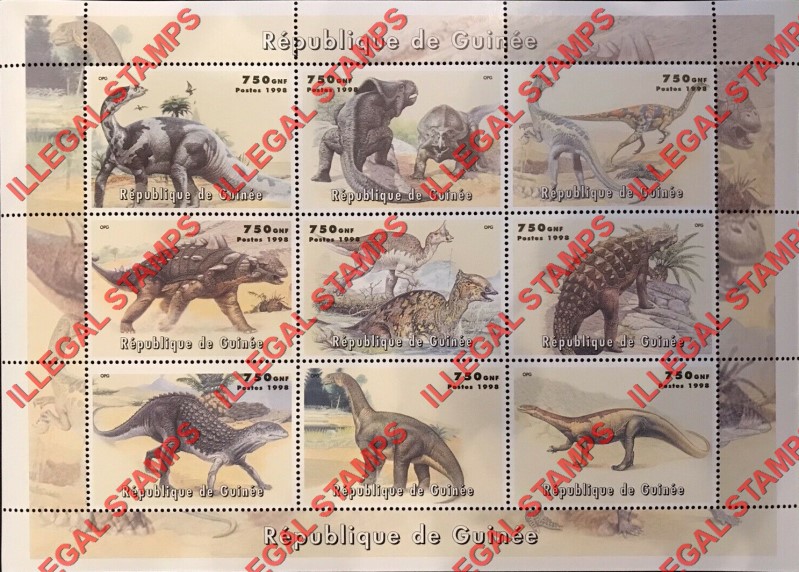 Guinea Republic 1998 Dinosaurs Illegal Stamp Souvenir Sheet of 9 (Sheet 2)