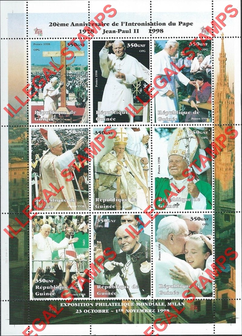 Guinea Republic 1998 Pope John Paul II Illegal Stamp Souvenir Sheet of 9 (Sheet 1)