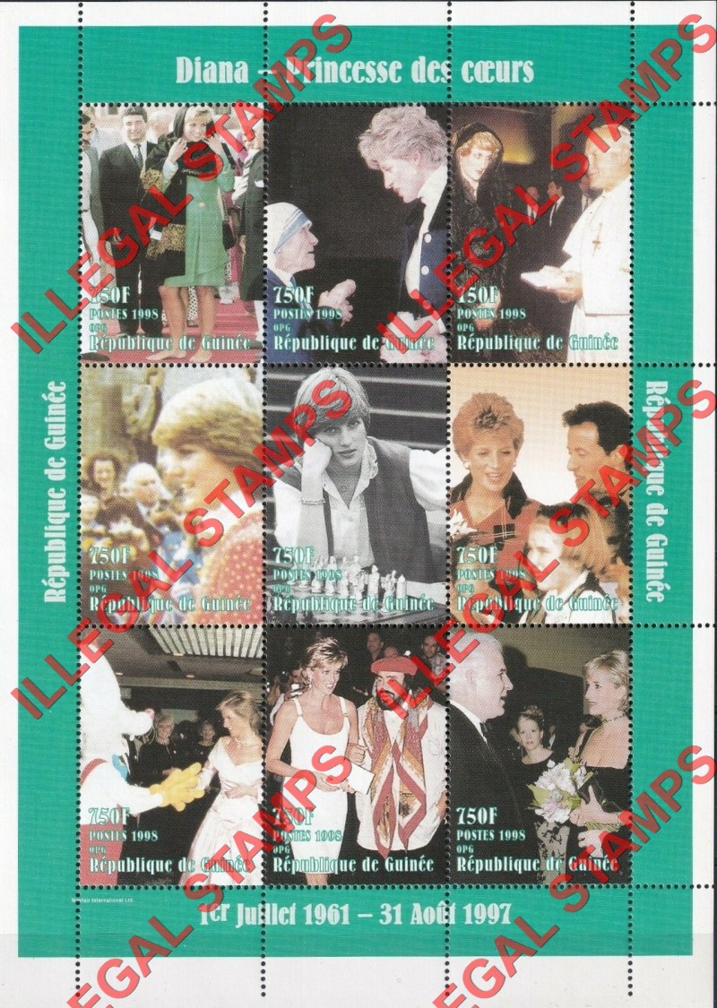 Guinea Republic 1998 Princess Diana with personalities Illegal Stamp Souvenir Sheet of 9 Yvert Catalog No. 1144-1152