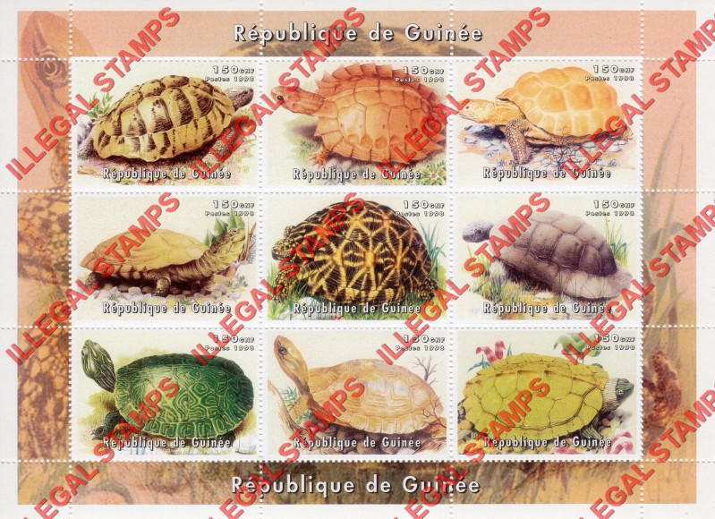 Guinea Republic 1998 Turtles Illegal Stamp Souvenir Sheet of 9 (Sheet 1)