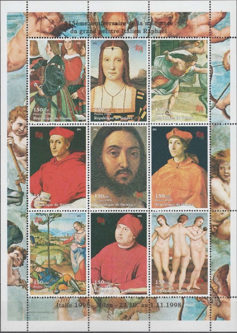 Guinea Republic 1998 Paintings by Raphael Stamp Souvenir Sheet of 9 Michel Catalog No. 1959-1967, Yvert Catalog No. 1324-1332