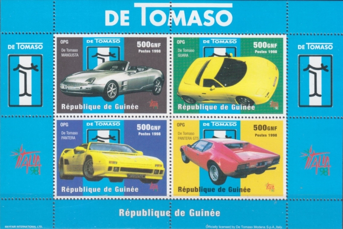 Guinea Republic 1998 Sport Cars De Tomaso Stamp Souvenir Sheet of 4 Michel Catalog No. BL544, Yvert Catalog No. 1351-1354