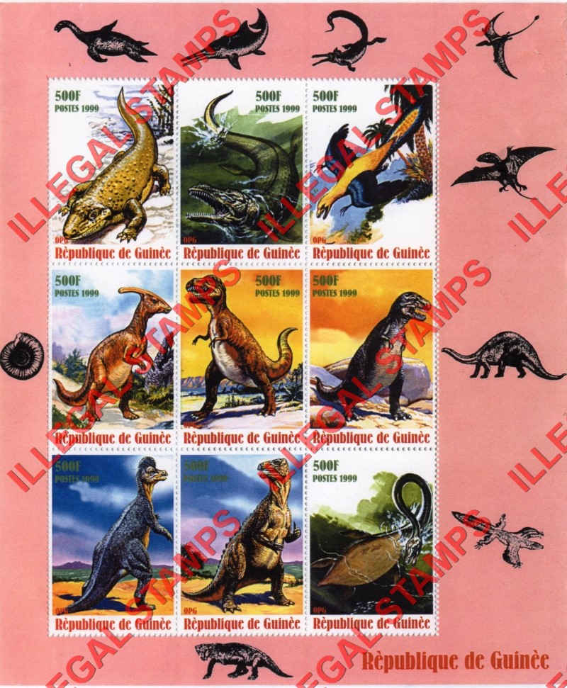 Guinea Republic 1999 Dinosaurs Illegal Stamp Souvenir Sheet of 9 (Sheet 2)