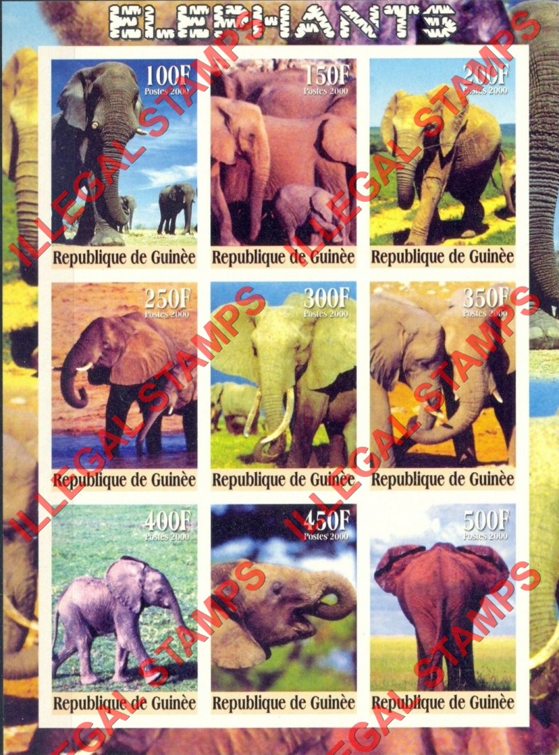 Guinea Republic 2000 Elephants Illegal Stamp Souvenir Sheet of 9