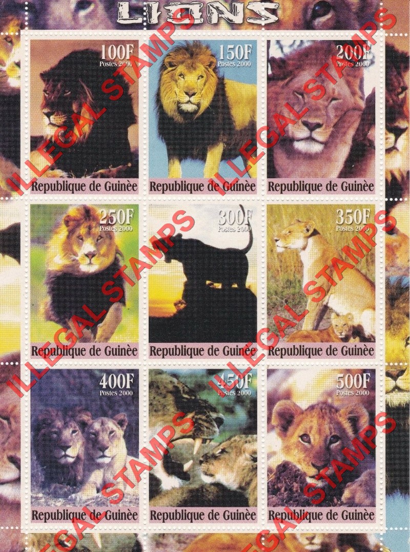Guinea Republic 2000 Lions Illegal Stamp Souvenir Sheet of 9