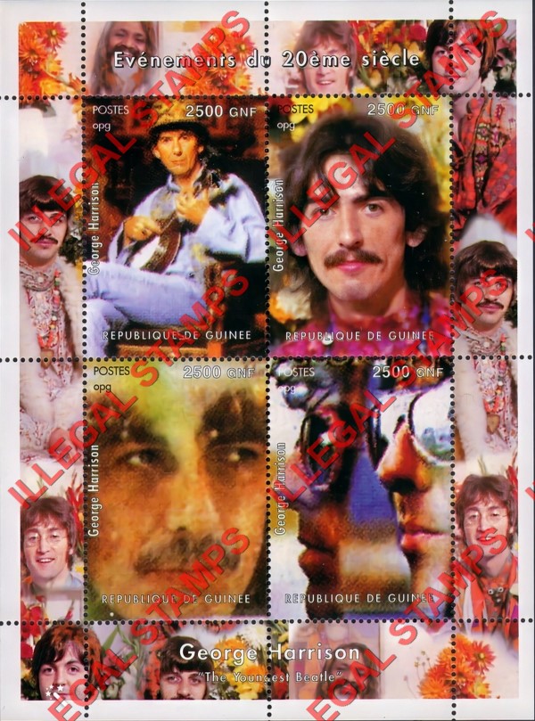 Guinea Republic 2001 Events of the 20th Century George Harrison of The Beatles Illegal Stamp Souvenir Sheet of 4