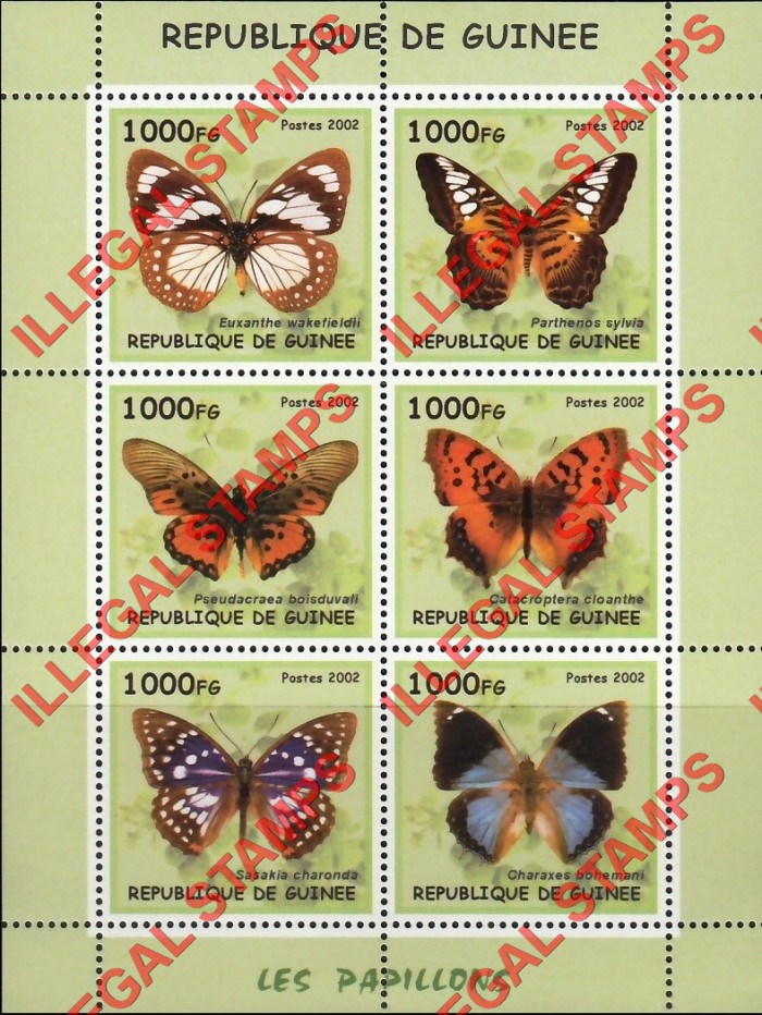 Guinea Republic 2002 Butterflies Illegal Stamp Souvenir Sheet of 6