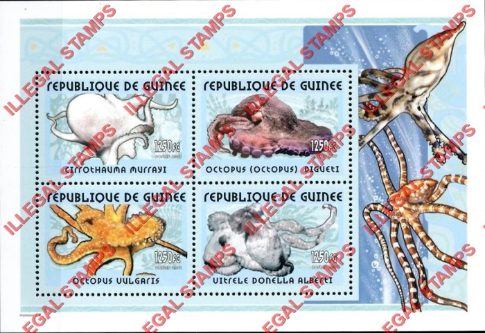 Guinea Republic 2002 Octopus Illegal Stamp Souvenir Sheet of 4