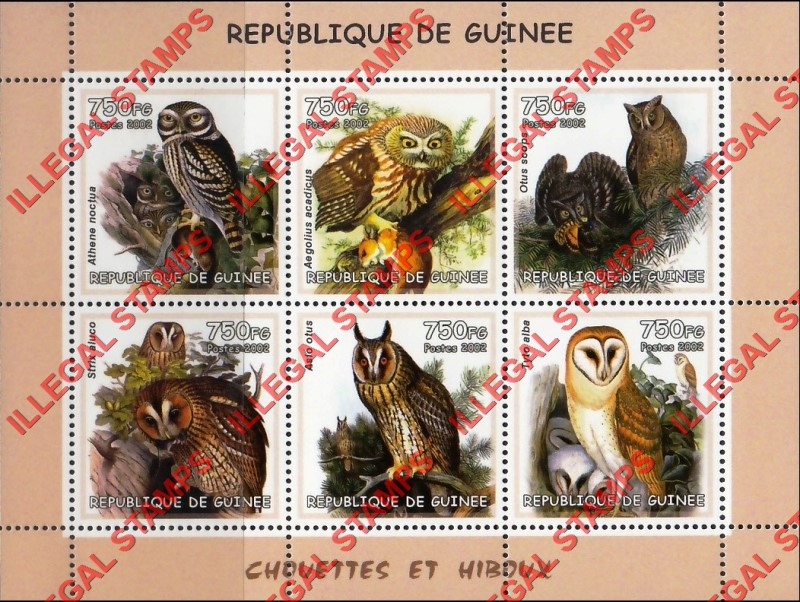 Guinea Republic 2002 Owls Illegal Stamp Souvenir Sheet of 6