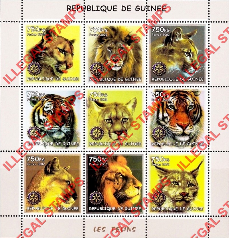 Guinea Republic 2002 Wild Cats Lions Tigers Illegal Stamp Souvenir Sheet of 9