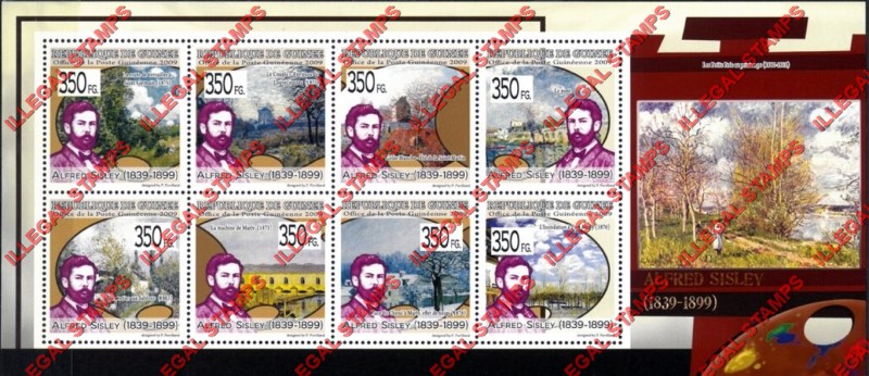 Guinea Republic 2009 Paintings Art by Alfred Sisley Illegal Stamp Souvenir Sheet of 8