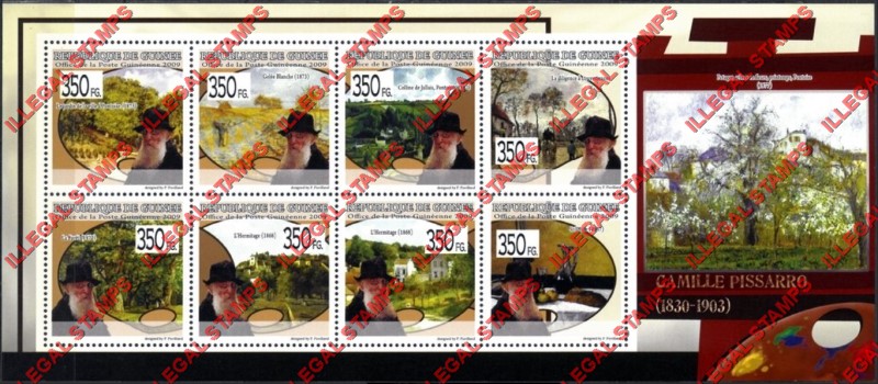 Guinea Republic 2009 Paintings Art by Camille Pissarro Illegal Stamp Souvenir Sheet of 8
