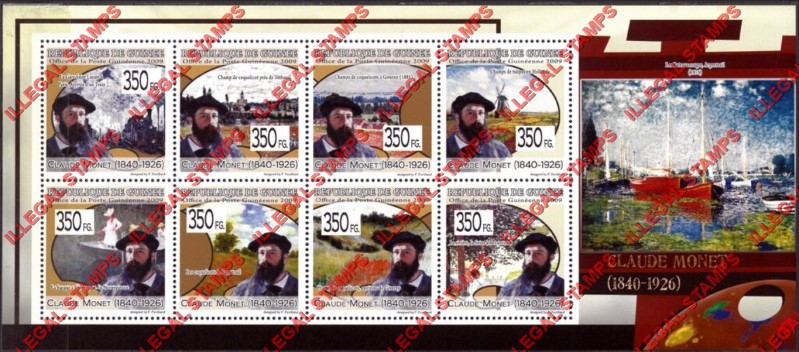 Guinea Republic 2009 Paintings Art by Claude Monet Illegal Stamp Souvenir Sheet of 8