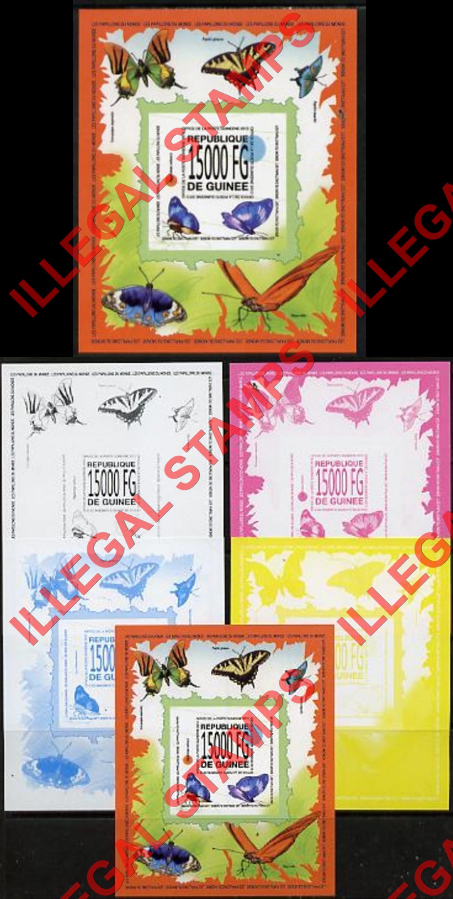 Guinea Republic 2013 Butterflies Counterfeit Illegal Stamp with Matching Color Proofs (Set 1)