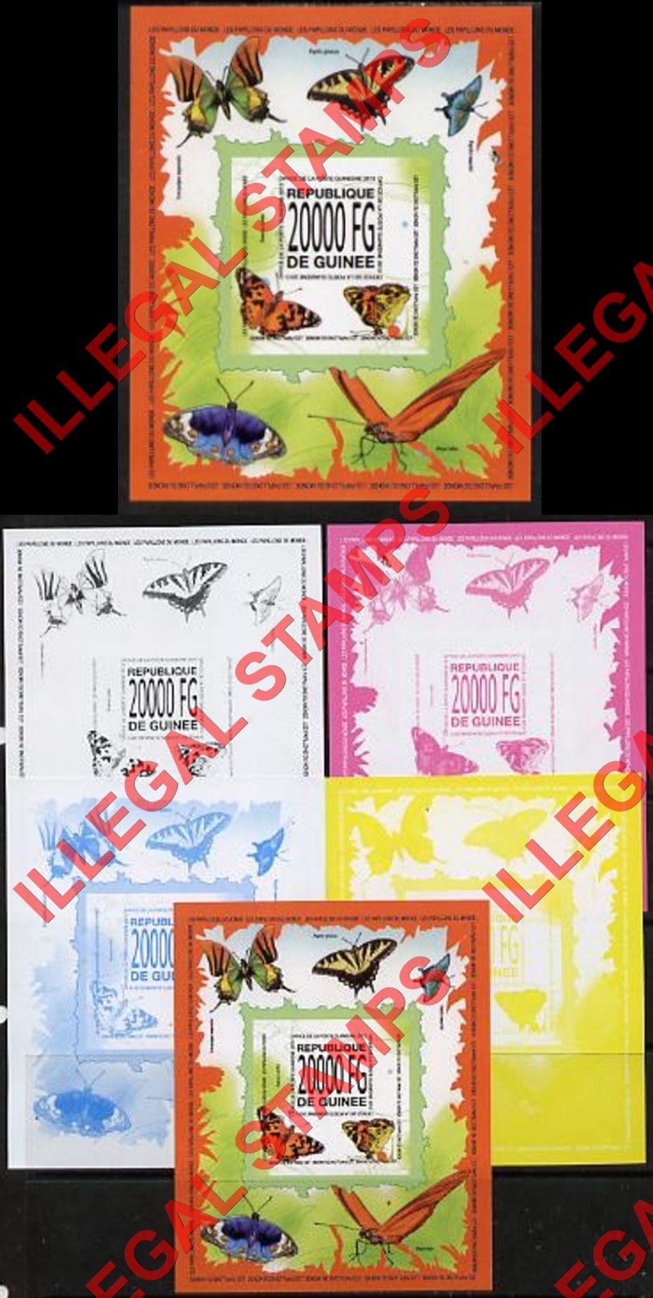 Guinea Republic 2013 Butterflies Counterfeit Illegal Stamp with Matching Color Proofs (Set 3)